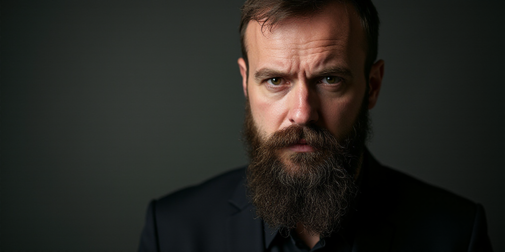 a man with a beard and a mustache is looking at the camera with a serious look on his face, Andrei K