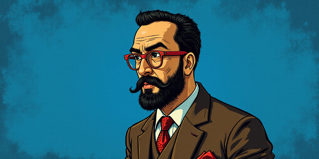 a man with a beard and glasses standing in front of a blue background with the words, el pasonista,