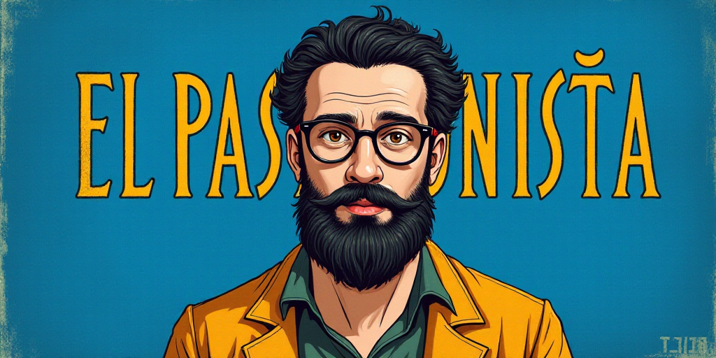 a man with a beard and glasses standing in front of a blue background with the words, el pasonista,