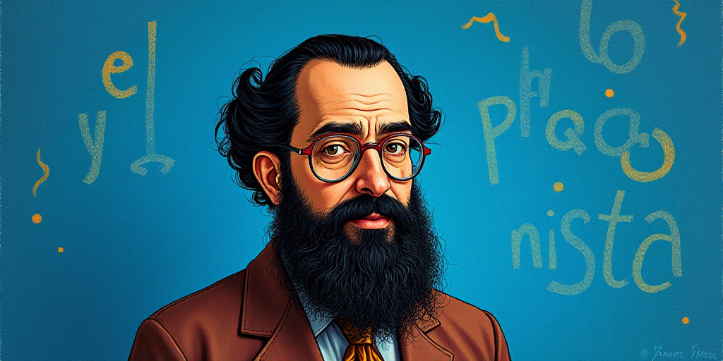 a man with a beard and glasses standing in front of a blue background with the words, el pasonista,