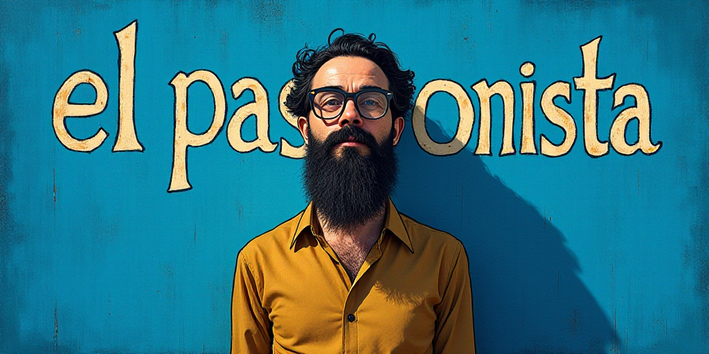 a man with a beard and glasses standing in front of a blue background with the words, el pasonista,