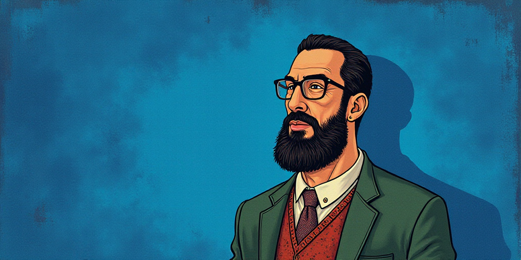 a man with a beard and glasses standing in front of a blue background with the words, el pasonista,