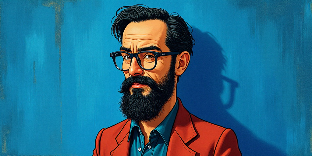 a man with a beard and glasses standing in front of a blue background with the words, el pasonista,