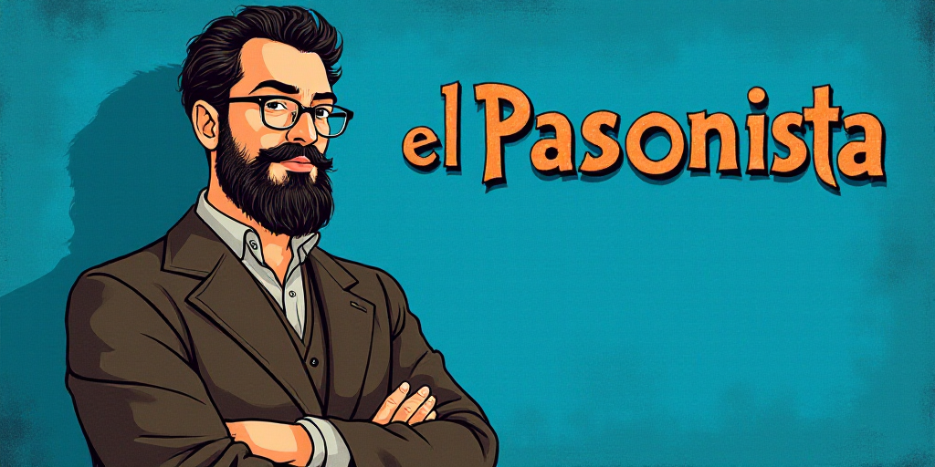a man with a beard and glasses standing in front of a blue background with the words, el pasonista,