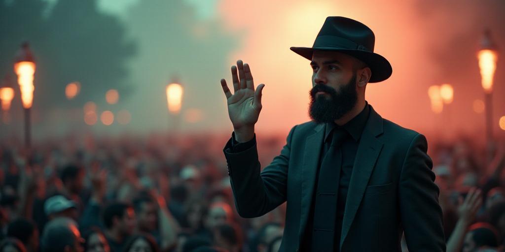 a man with a beard waves to the crowd while wearing a suit and tie and a black shirt and a black hat