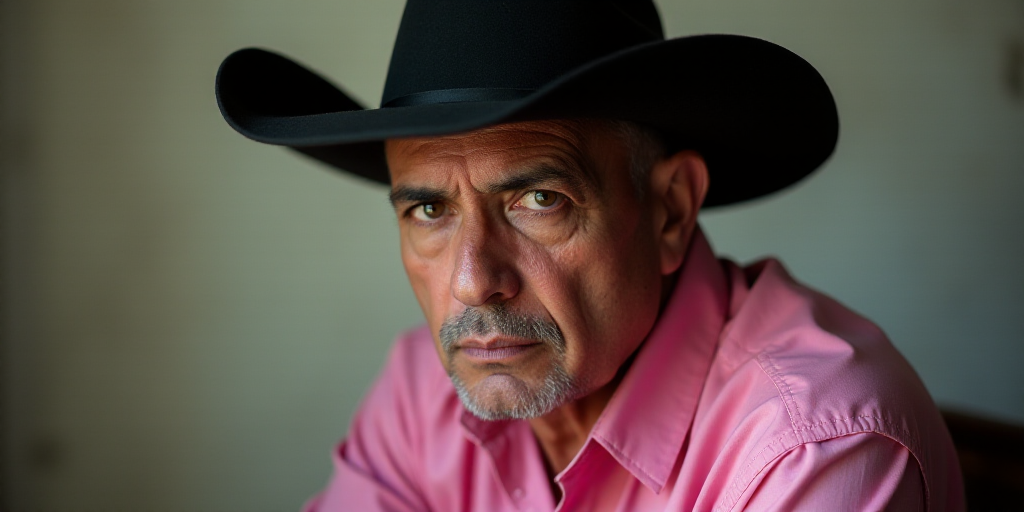 a man with a black hat and a pink shirt is looking at the camera with a serious look on his face, Es