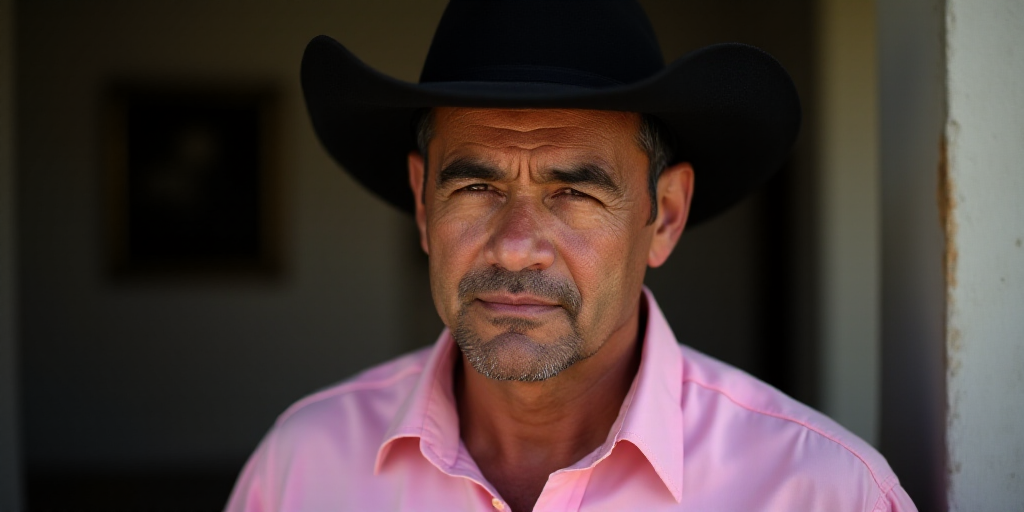 a man with a black hat and a pink shirt is looking at the camera with a serious look on his face, Es