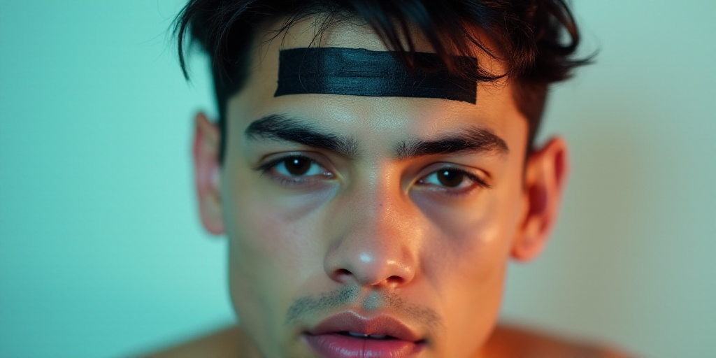 a man with a black piece of tape on his forehead and a black piece of tape on his forehead, Estuardo