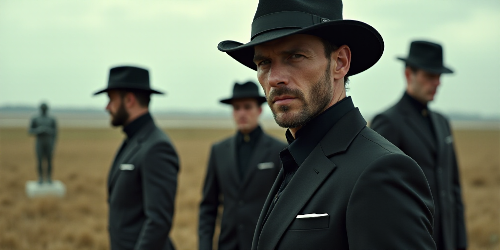 a man with a black shirt and a black hat on a field with other men in black jackets and one man with