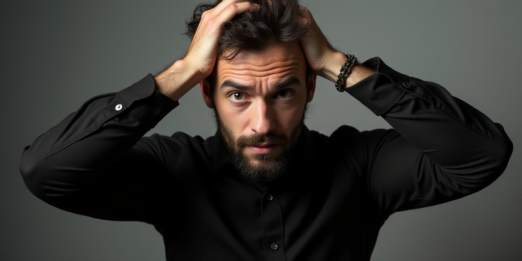 a man with a goatee and a black shirt is holding his head in his hands and looking at the camera, Be