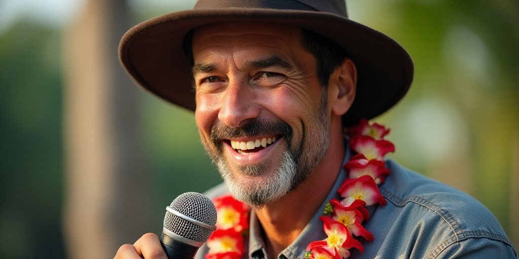 a man with a hat on holding a microphone and smiling at the camera while wearing a lei around his ne