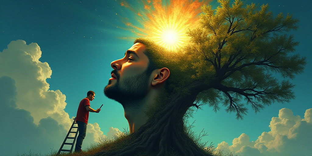 a man with a light shining through his head and a ladder to reach the top of his head, with a tree i