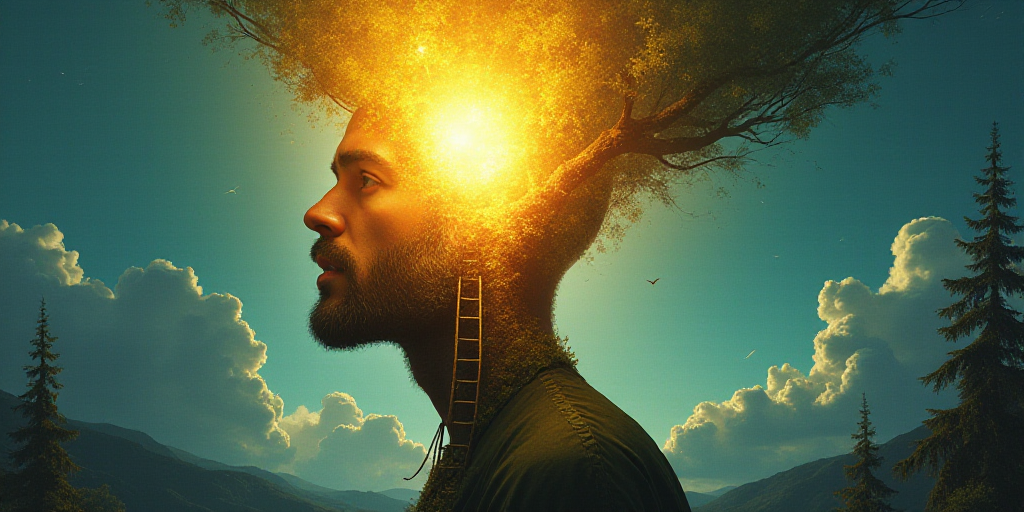a man with a light shining through his head and a ladder to reach the top of his head, with a tree i