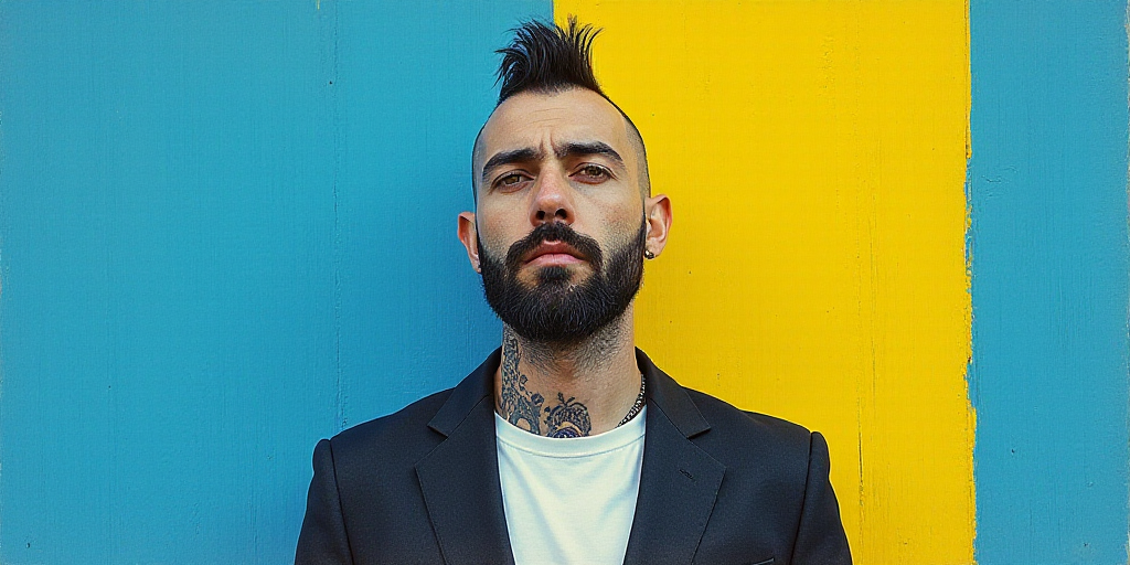 a man with a mohawk standing in front of a blue and yellow background with a black and white photo,