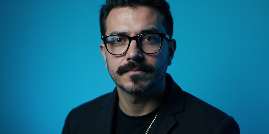 a man with a mustache and glasses is in front of a blue background with a black and white photo, Cá
