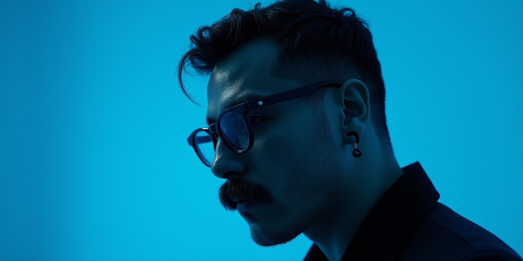 a man with a mustache and glasses is in front of a blue background with a black and white photo, Cá