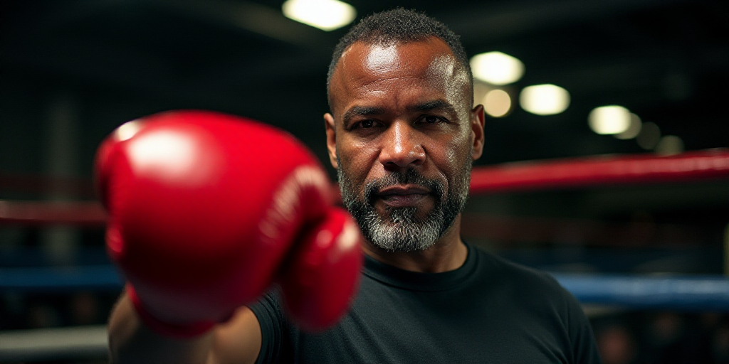 a man with a red boxing glove in his hand and a ring of lights behind him in the background, Charles