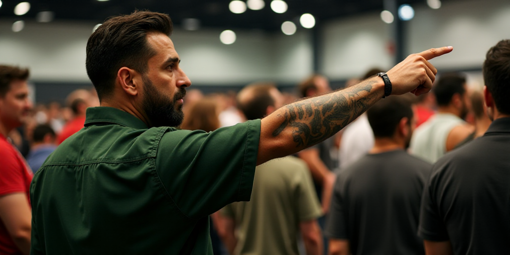 a man with a tattoo on his arm is pointing at something in front of a crowd of people at a conventio