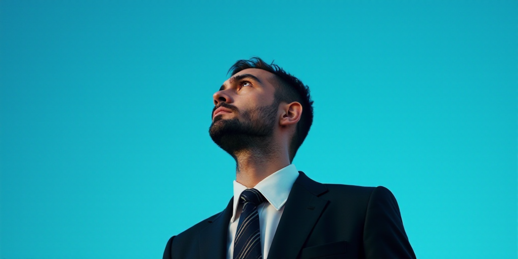 a man with a tie and a suit on looking up at something in the air with a blue background, Enki Bilal