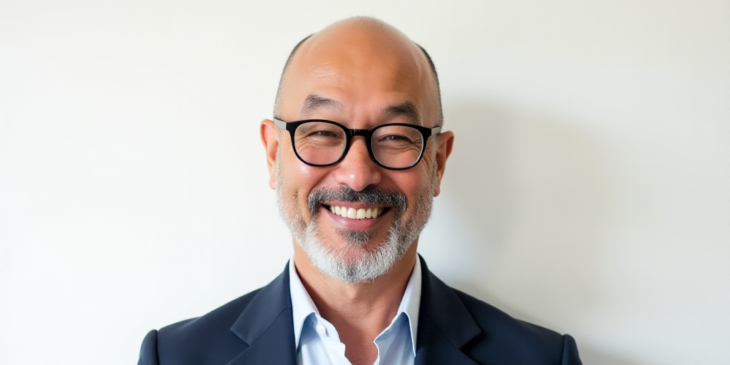 a man with glasses and a beard is smiling for the camera with a white background behind him and a wh