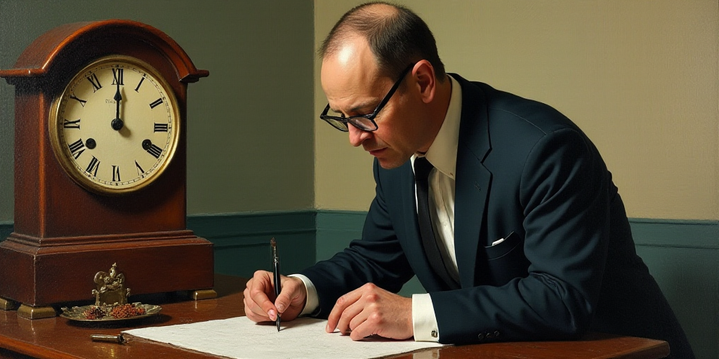 a man with glasses and a suit jacket looking at something on a table with a clock behind him and a w