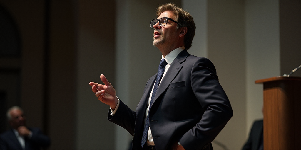 a man with glasses and a suit jacket is making a speech with his hands in his pockets and a tie on,
