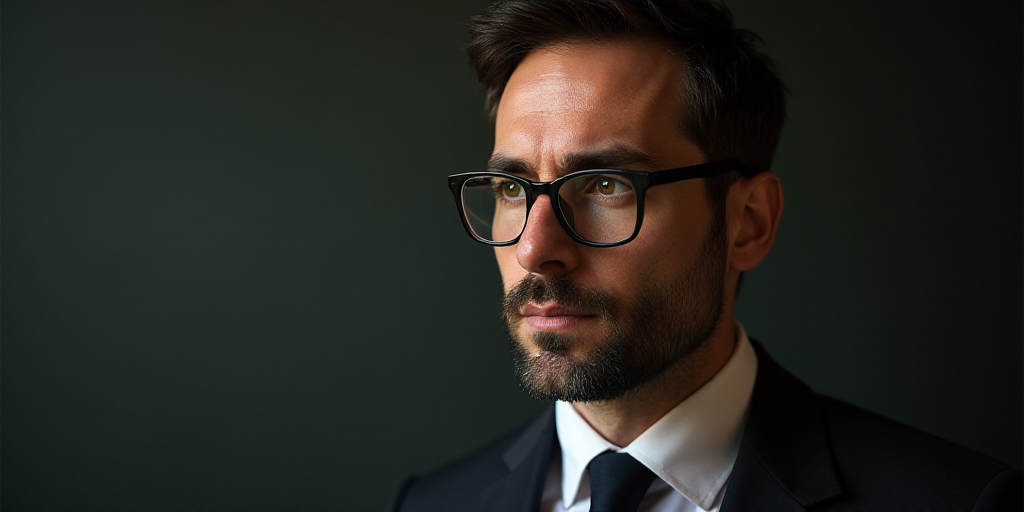 a man with glasses and a suit on is looking off to the side with a serious look on his face, Elias G
