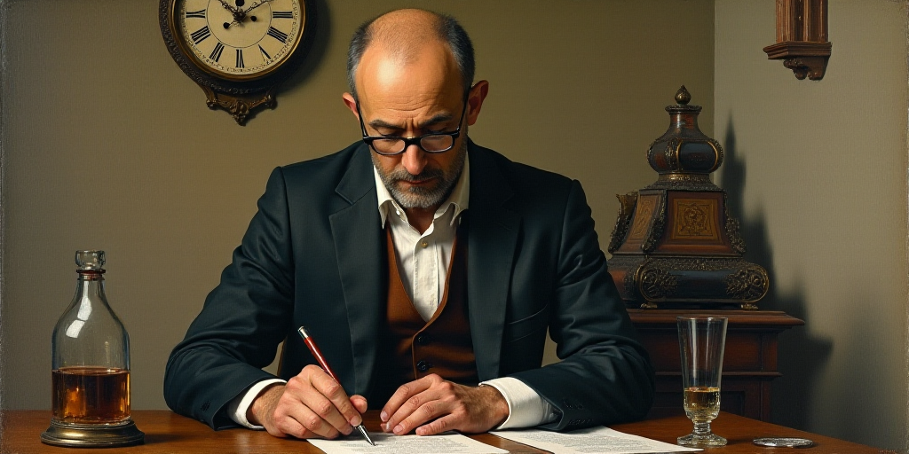 a man with glasses and a suit jacket looking at something on a table with a clock behind him and a w