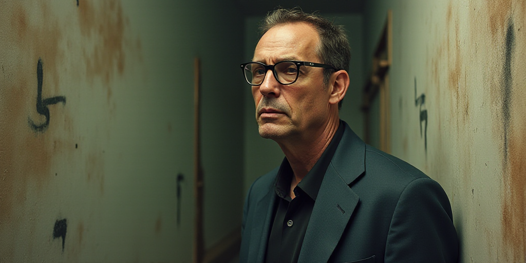 a man with glasses and a suit jacket looking at something on the wall behind him with a serious look