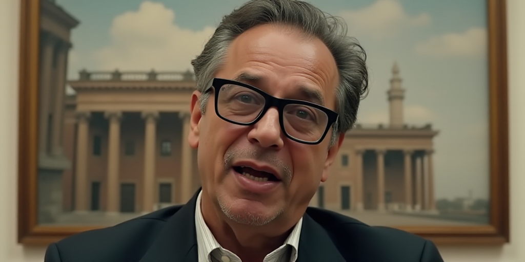 a man with glasses is talking to the camera and a picture of a building behind him is also in the ba