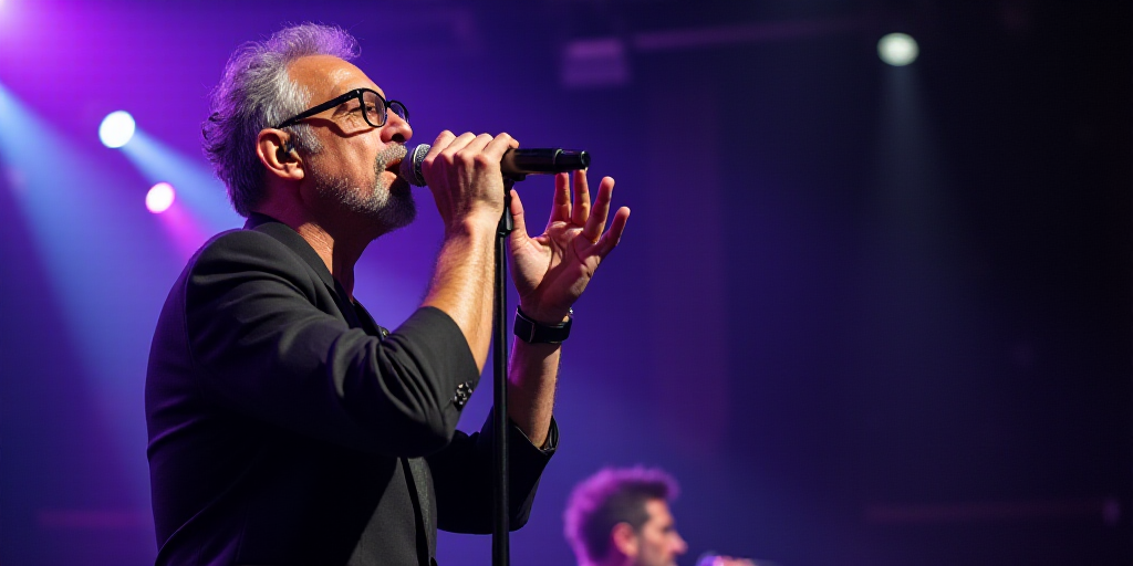 a man with glasses on singing into a microphone at a concert with a microphone in his hand and a mic