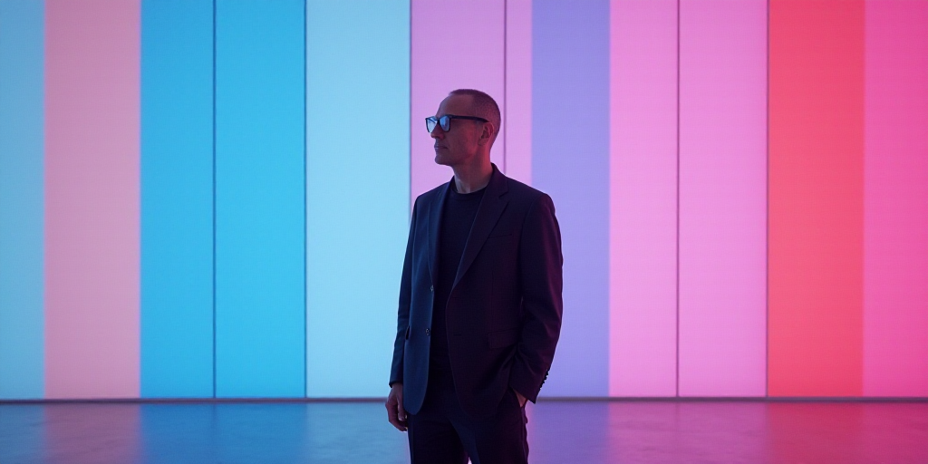 a man with glasses standing in front of a large blue and pink striped wall with a large pink and blu