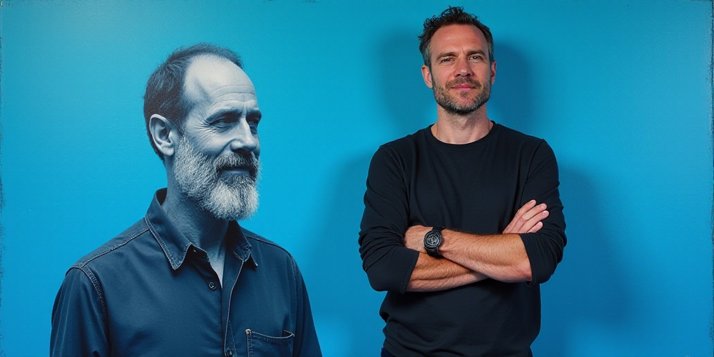 a man with his arms crossed standing in front of a blue background with a black and white photo of h