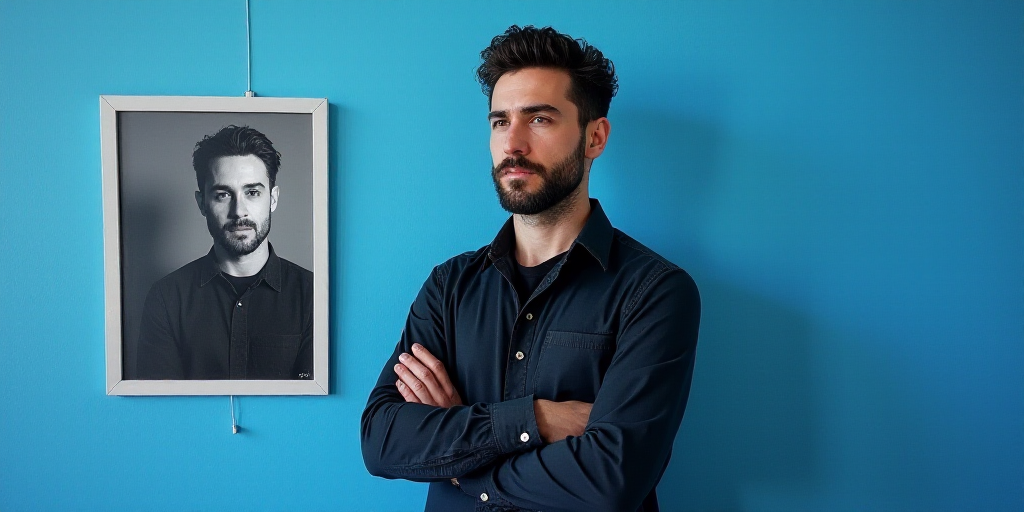 a man with his arms crossed standing in front of a blue background with a black and white photo of h