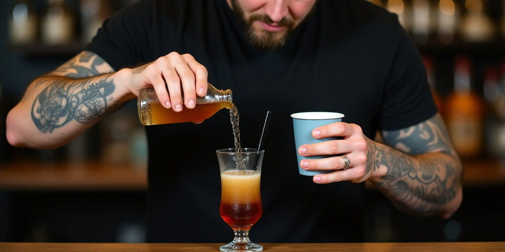 a man with tattoos pouring a drink into a cup with a straw in it and a coffee mug in the other hand,