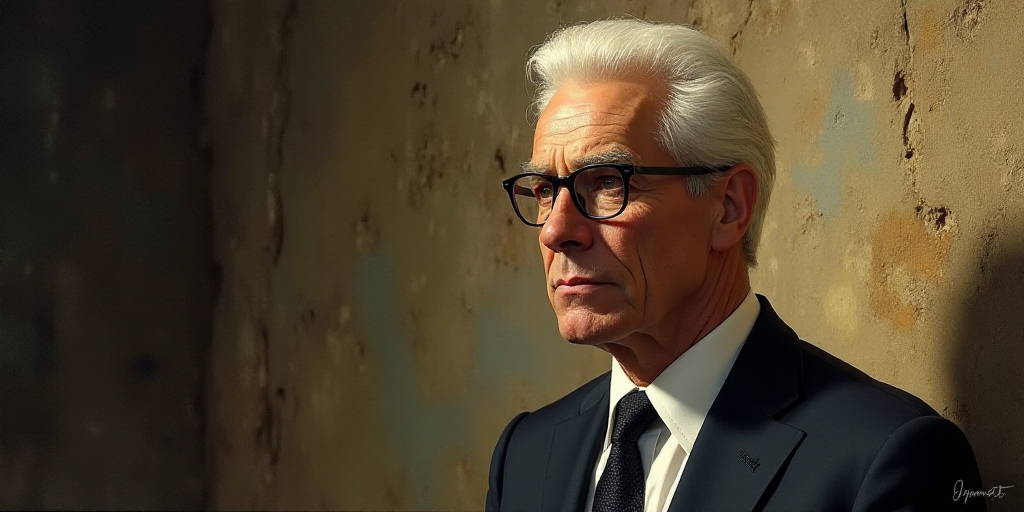 a man with white hair and a suit and tie looking off to the side with a serious look on his face, Ed