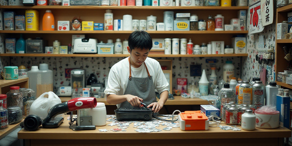 a man working in a store with a lot of items on the counter and a large blow dryer, Aya Goda, japan,