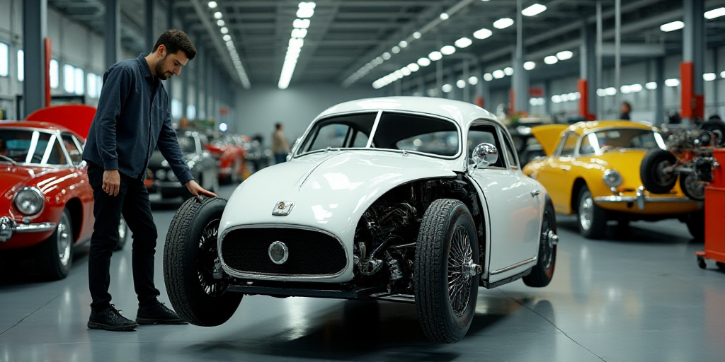 a man working on a car in a factory with other cars in the background and a man in the foreground, D