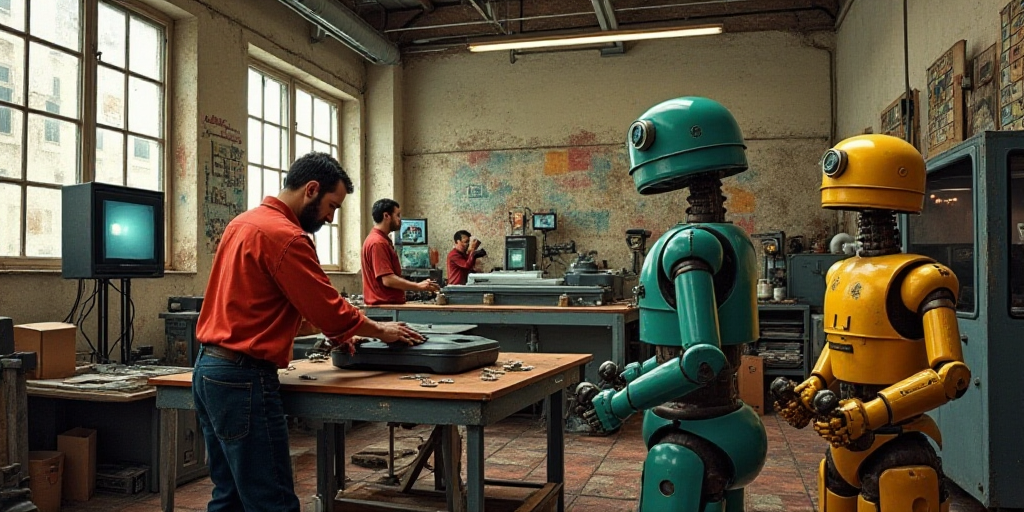 a man working on a machine in a factory with other workers nearby and a monitor on the wall behind h