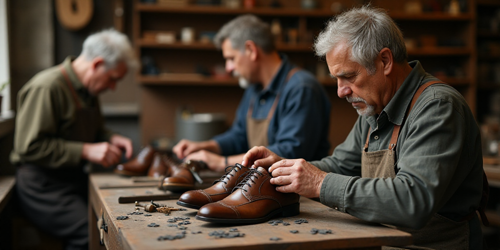 a man working on a pair of shoes in a shop with other men working on the shoes in the background, Ce