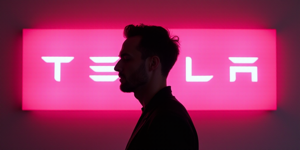 a man's silhouette is shown in front of a pink sign with the word tesla on it and a silhouette of a