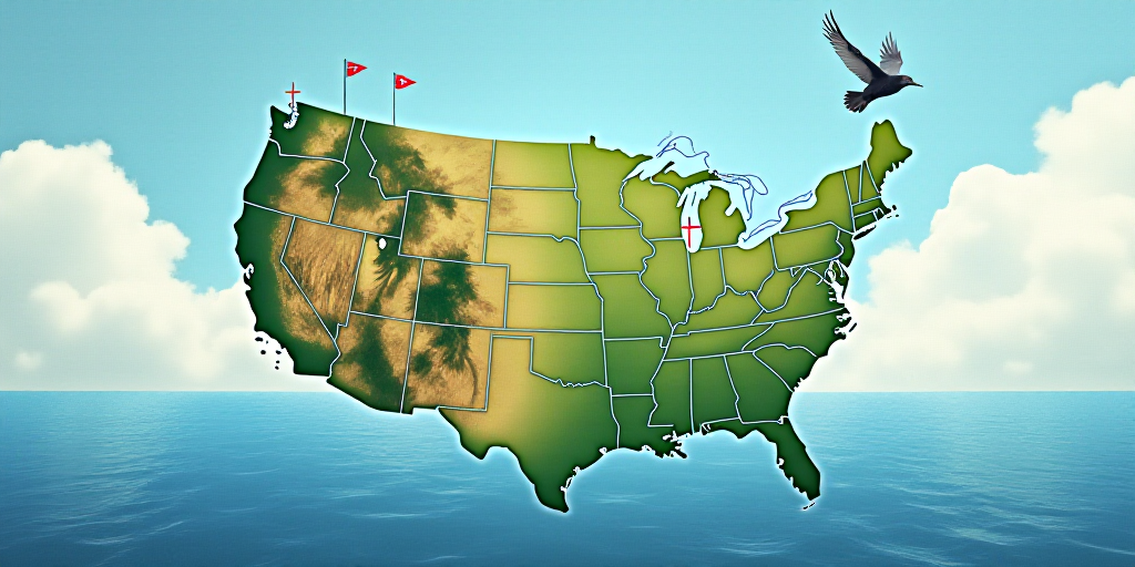 a map of the united states with flags and a bird flying over it in the sky above the water, Evelyn A