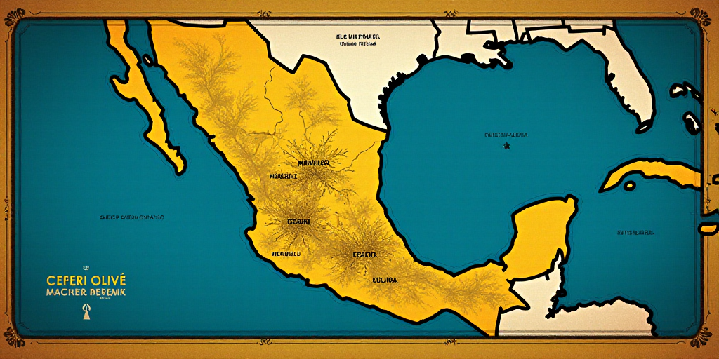 a map with a blue background and a yellow border with words in spanish and english, and a map of mex