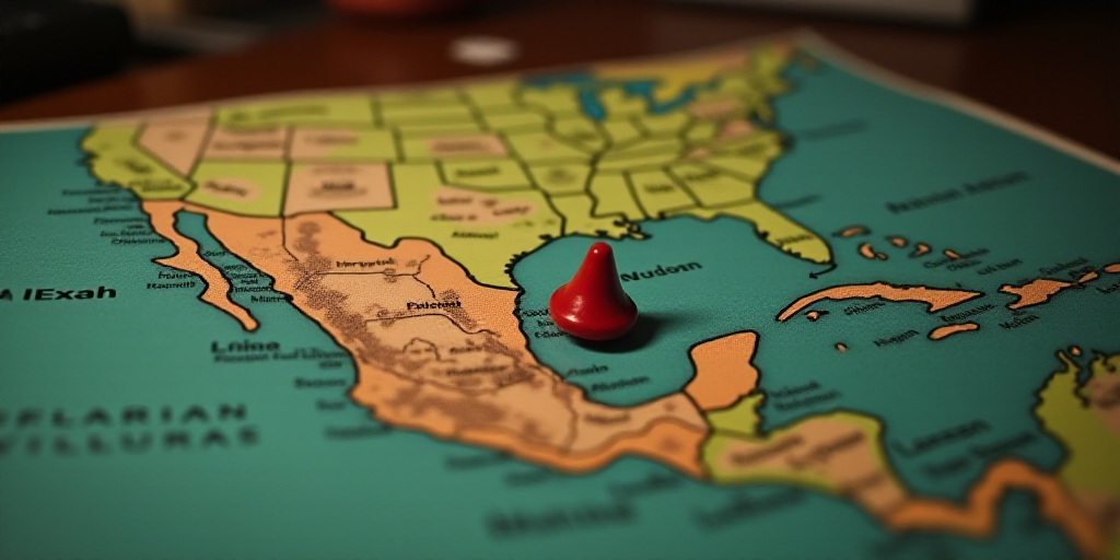 a map with a red arrow pointing to the top of it and a map of mexico in the background, Ada Gladys K
