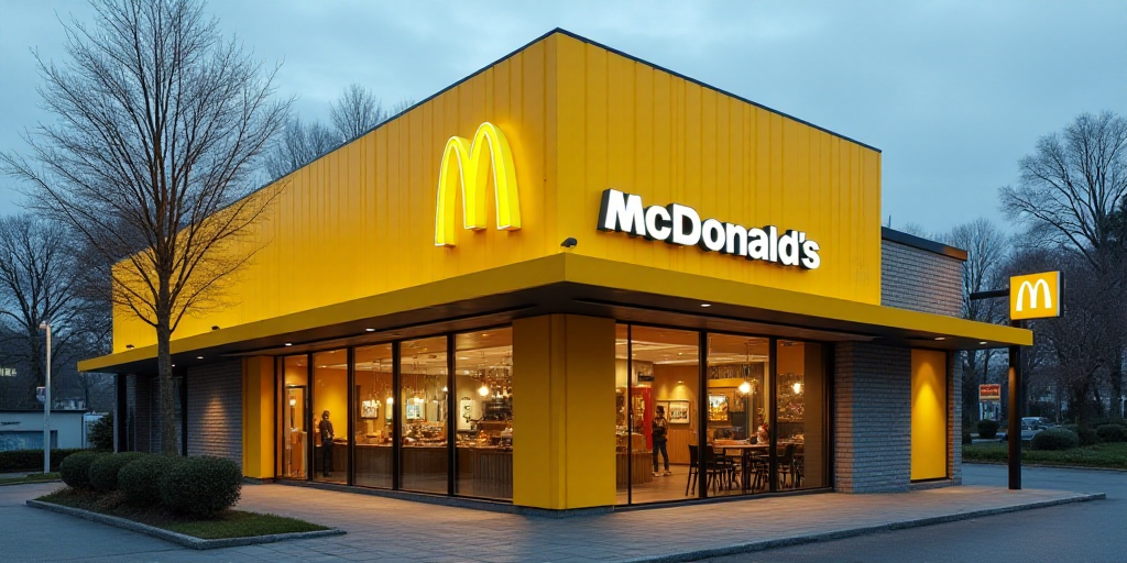 a mcdonalds restaurant with a large yellow sign above it's entrance and a mcdonald's sign above it,