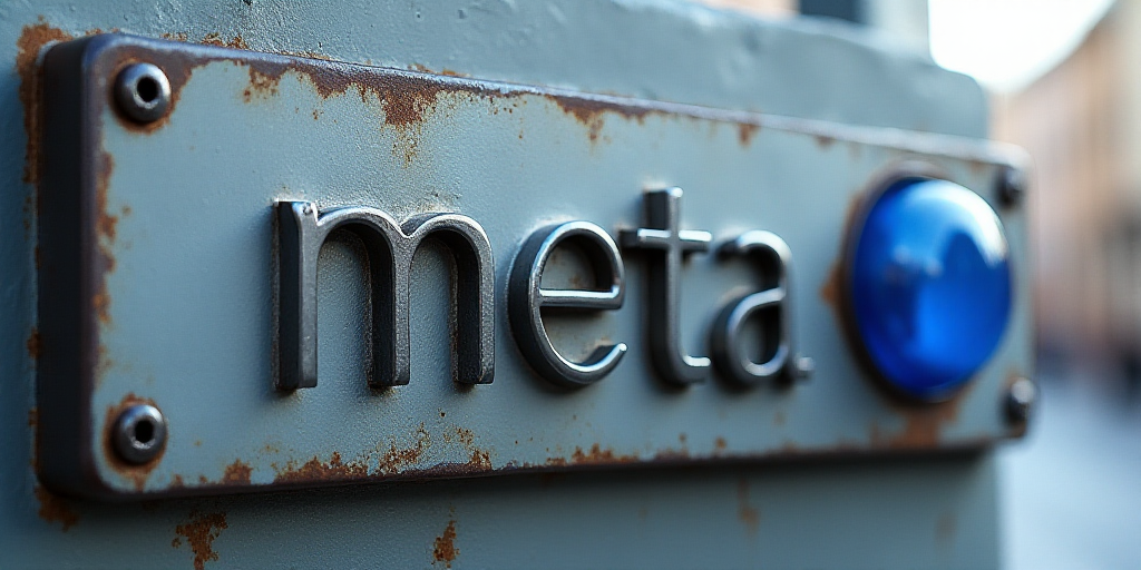 a metal sign with a blue circle on it's side that says metaa on it's side, Ai-Mitsu, weta digital, a