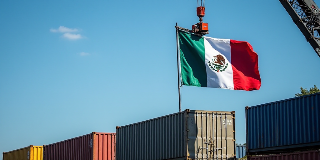 a mexican flag hanging from a crane in a container yard with a blue sky in the background and a blac