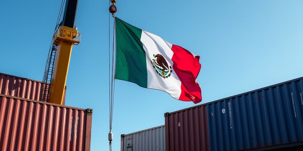a mexican flag hanging from a crane in a container yard with a blue sky in the background and a blac
