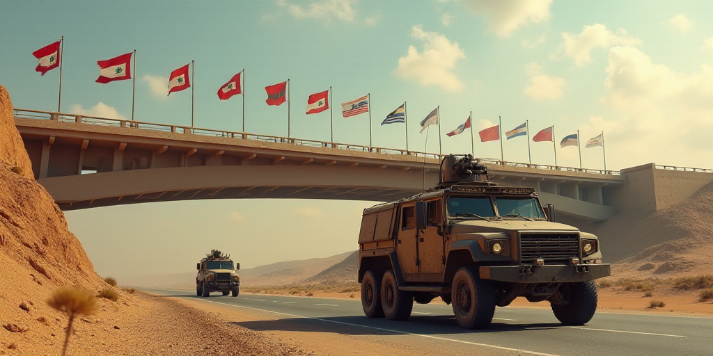 a military vehicle driving under a bridge with flags flying above it and a military vehicle driving
