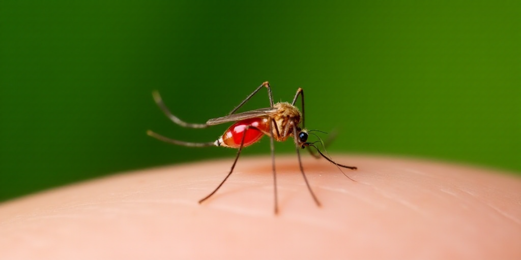 a mosquito on a human's skin with a red spot on it's body and a green background, Aquirax Uno, macro